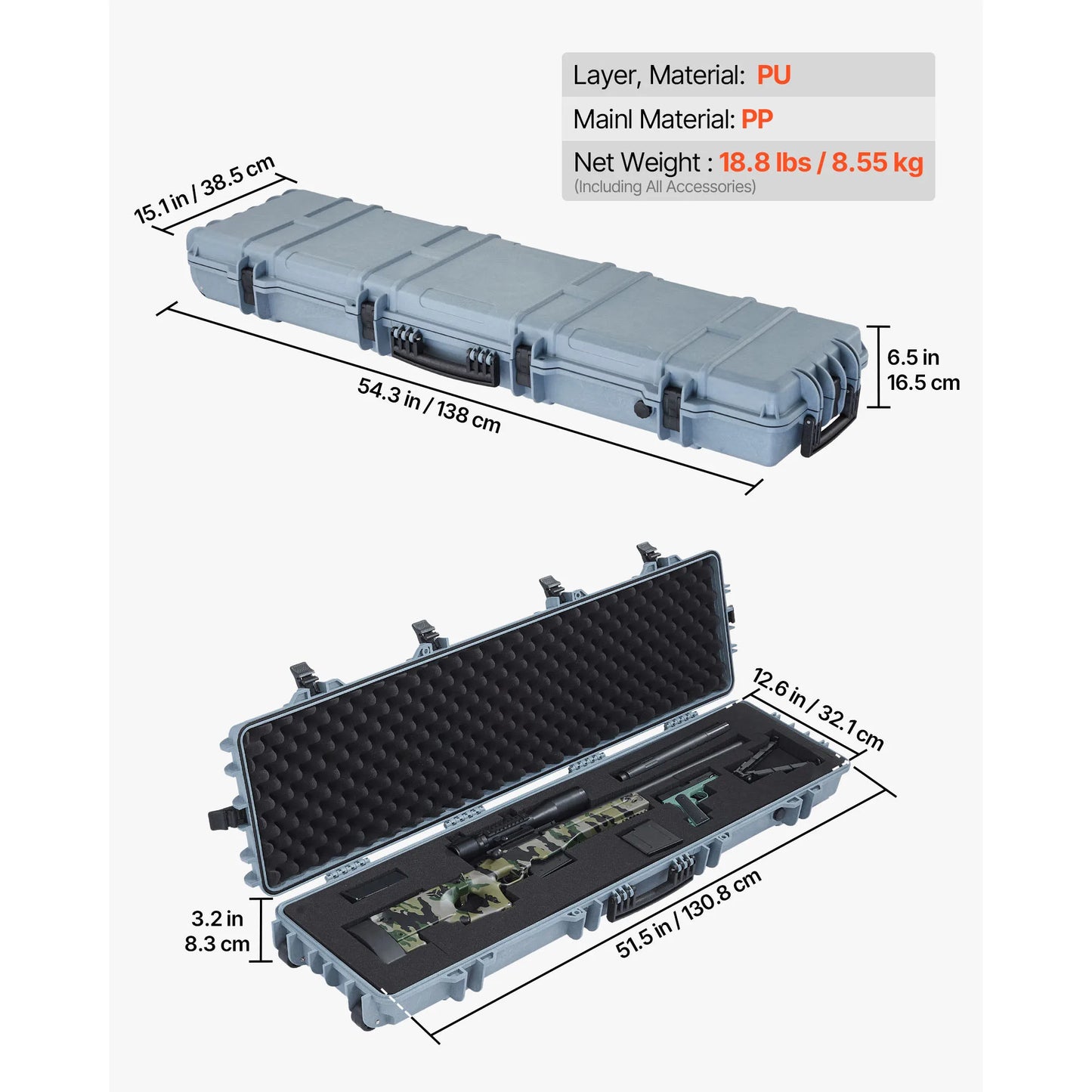 SucceBuy Lockable Hard Rifle Case With Pre-Cut Foams And Wheels IP67 Waterproof