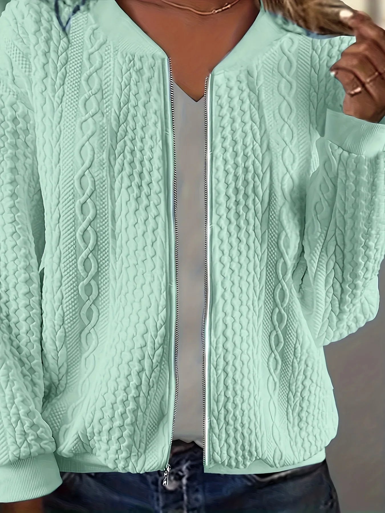 Plus Size Women Cable Knit V Neck Zip Jacket