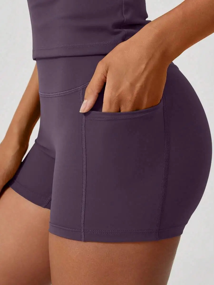 Womens Sports Short Sleeve High Waist Tummy Control Butt Lifting Shorts Set