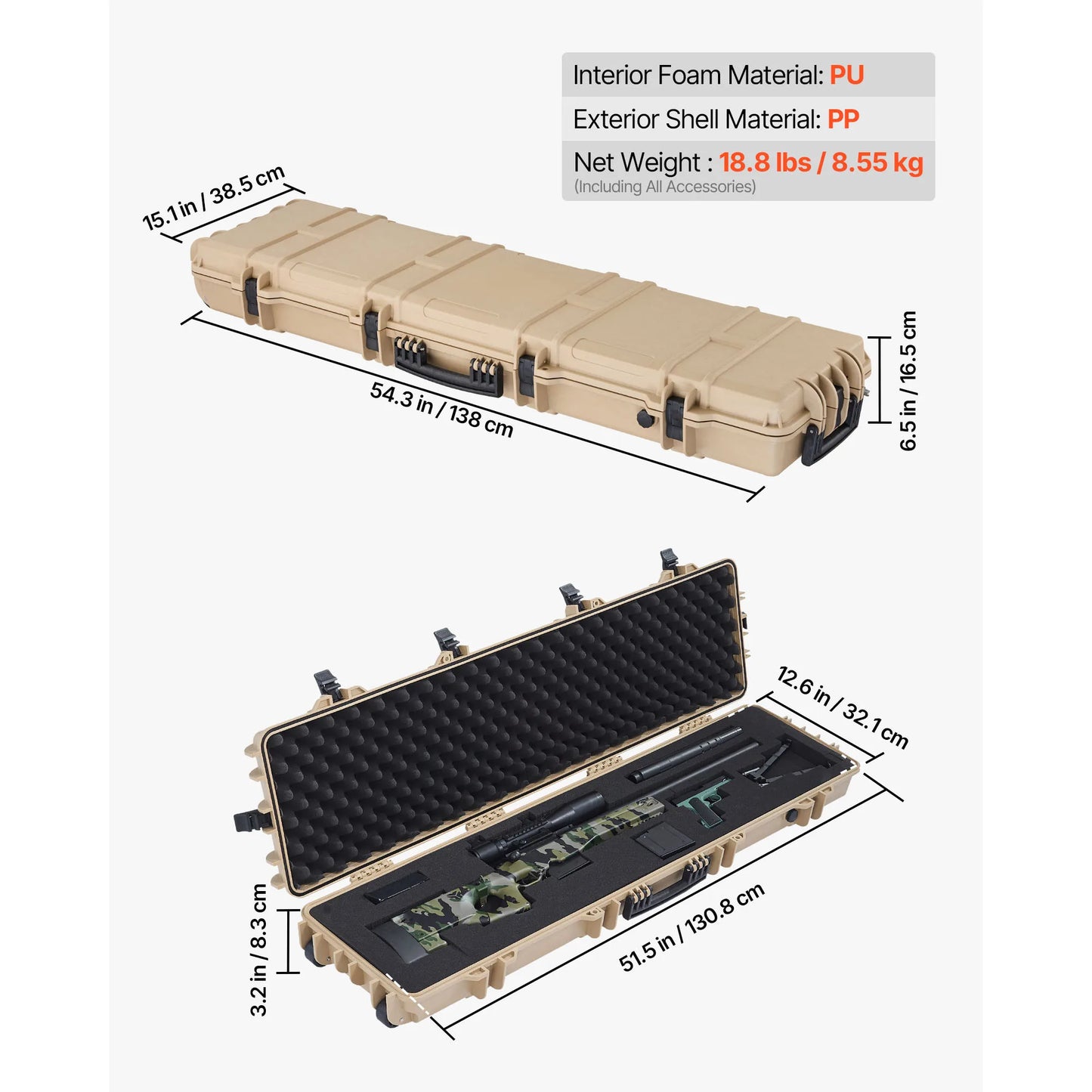 SucceBuy Lockable Hard Rifle Case With Pre-Cut Foams And Wheels IP67 Waterproof