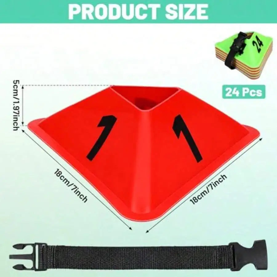 24 Pack Numbered Sports Cones Flexible Agility Training