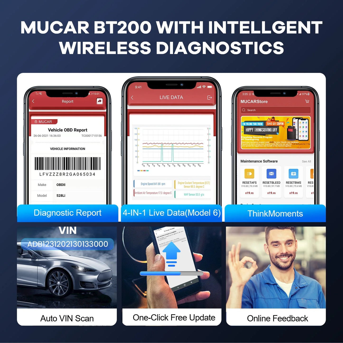 MUCAR BT200 Pro OBD2 Bluetooth Diagnostic Tool Full System Scan For All Cars
