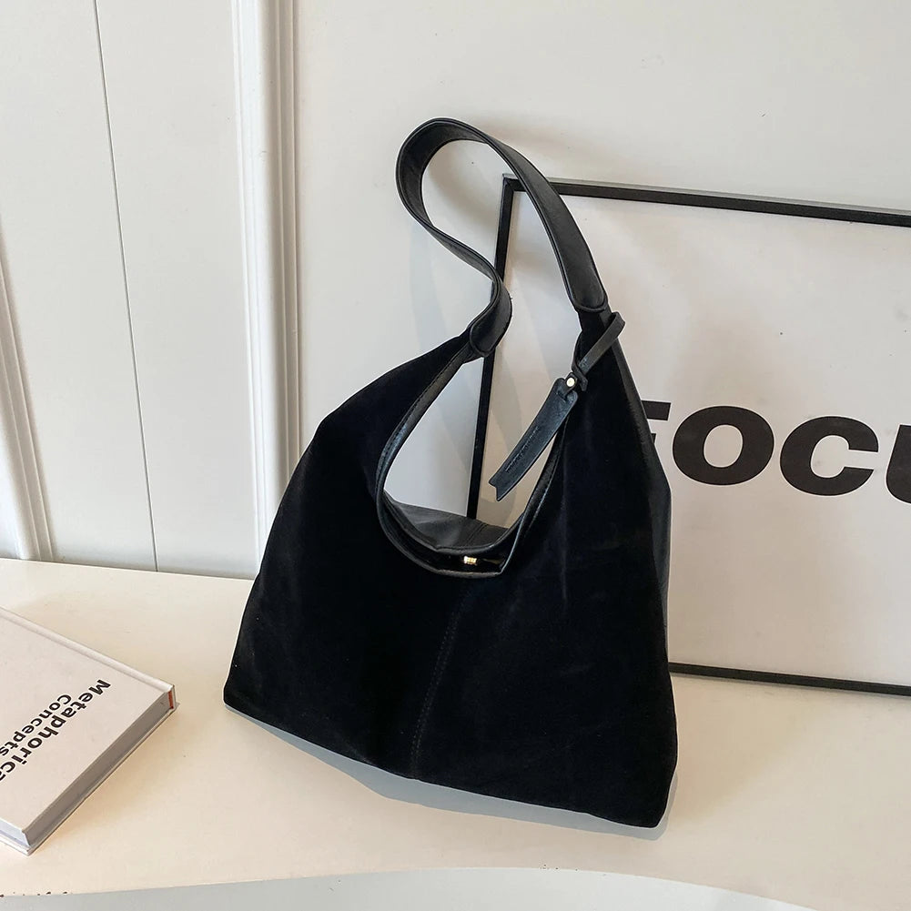 Women Suede Tote Bag Magnetic Closure Slouchy Retro Shoulder Bag