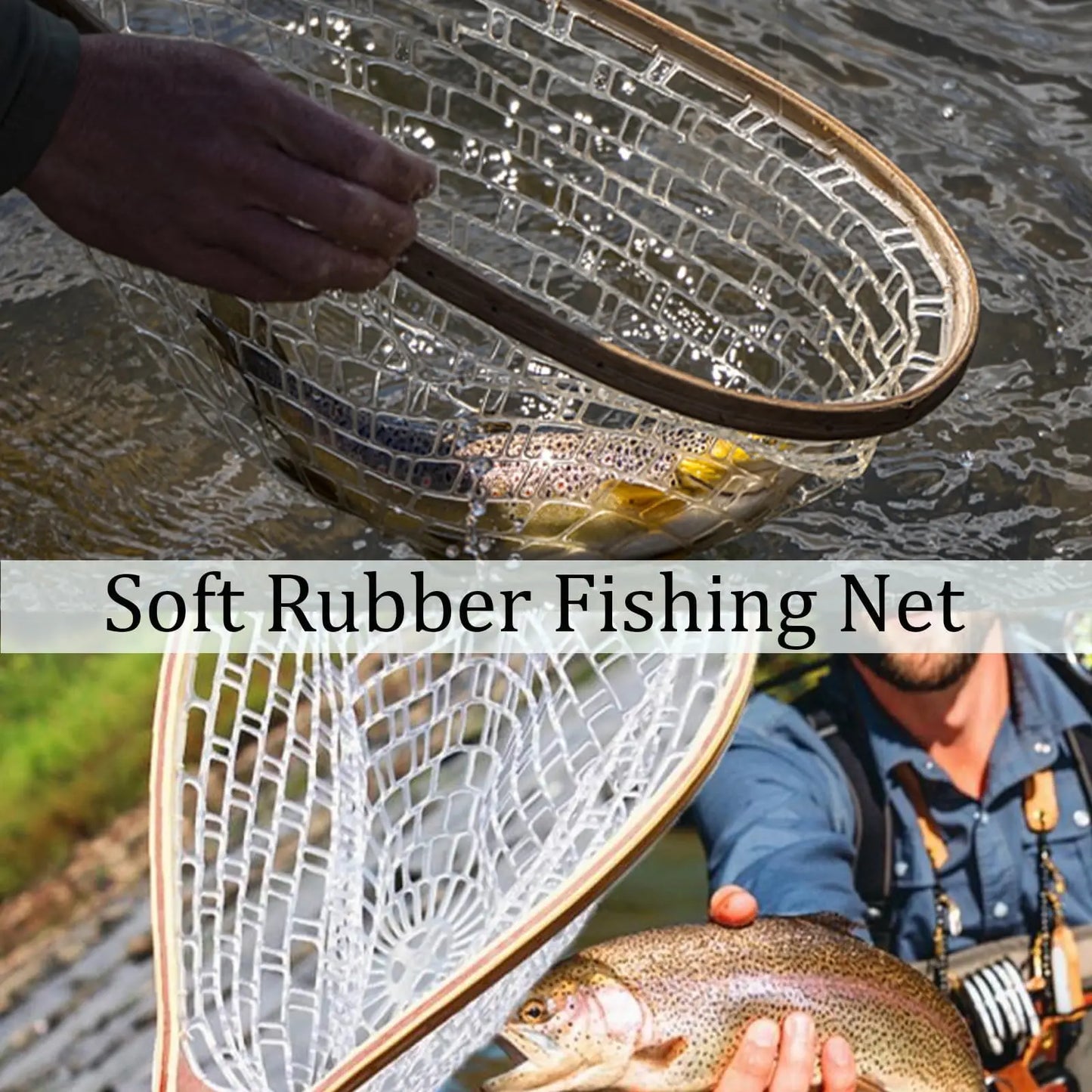 Fly Fishing Landing Net With Soft Knotless Rubber Mesh For Catch And Release