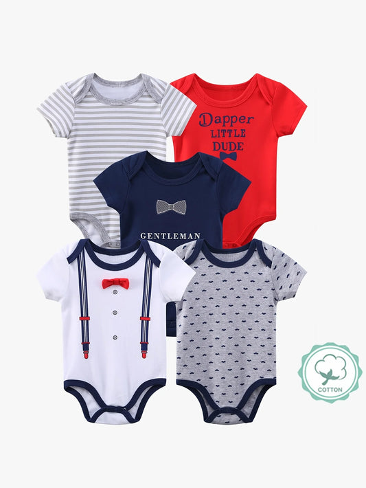 Baby Boys 5-Piece Cotton Short Sleeve Bodysuits With Bow Tie Rompers