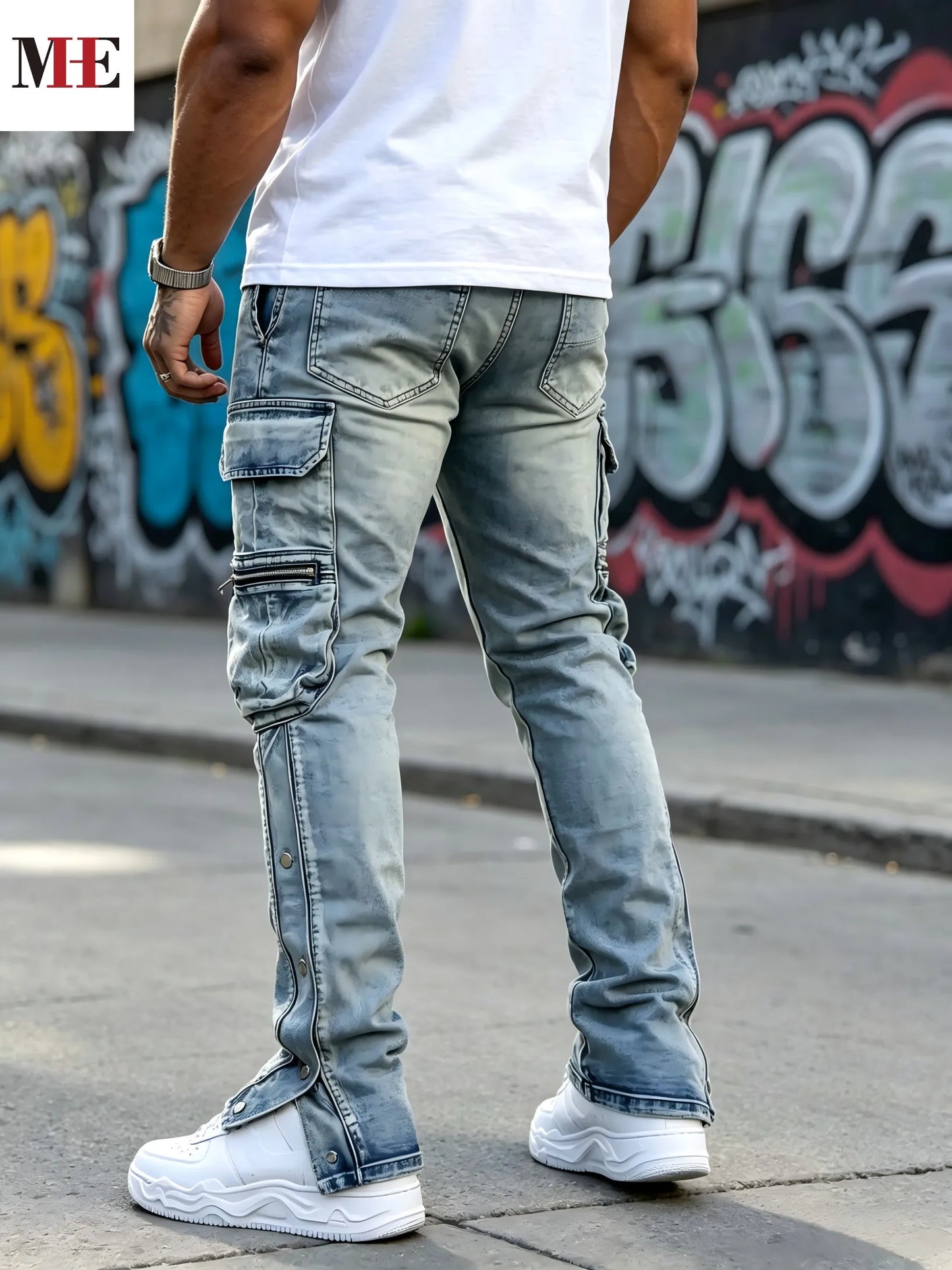 HME Men's Flared Denim Pants With Rips And Zipper Hem