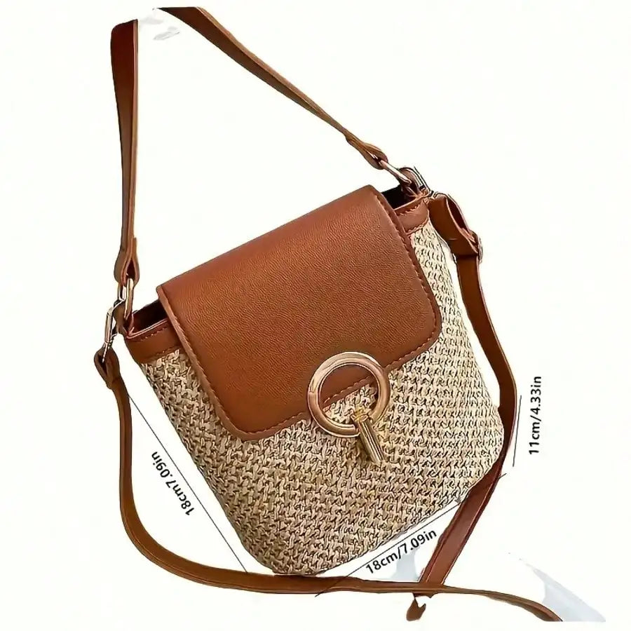 Woven Beach Crossbody Bag With Adjustable Strap And Golden Lock