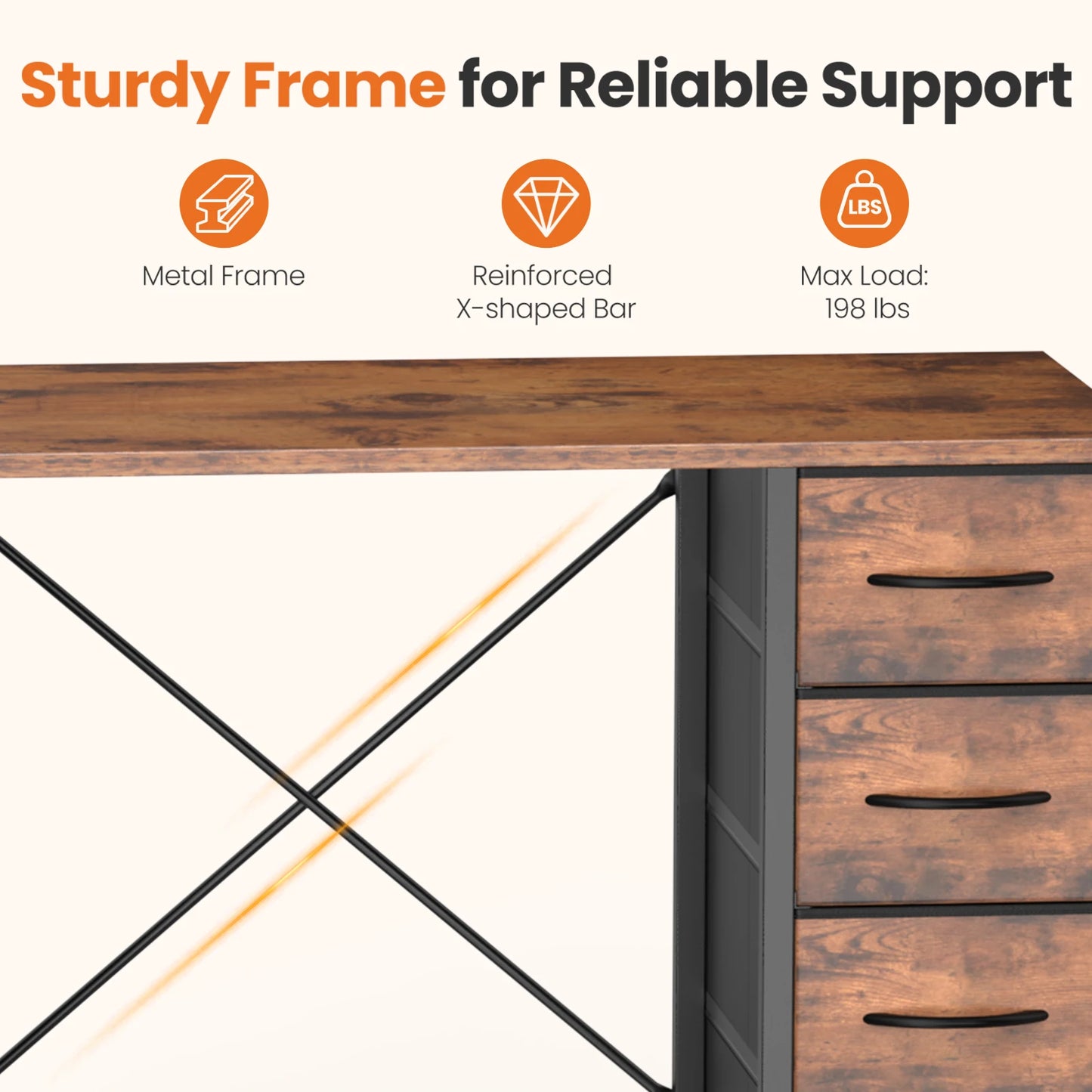 JHK Computer Desk With 8 Fabric Drawers And X Frame