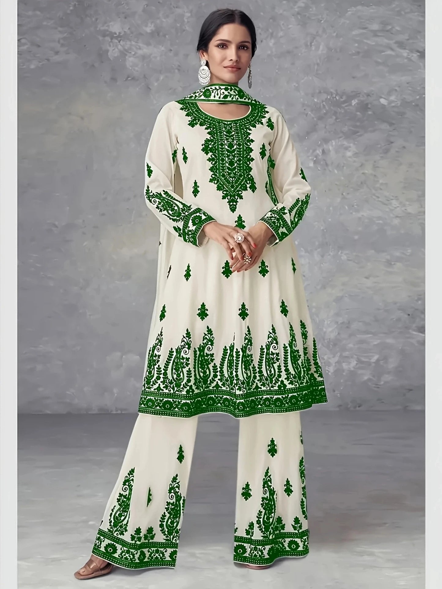Printed Ethnic Three Piece Crew Neck Set With Headscarf