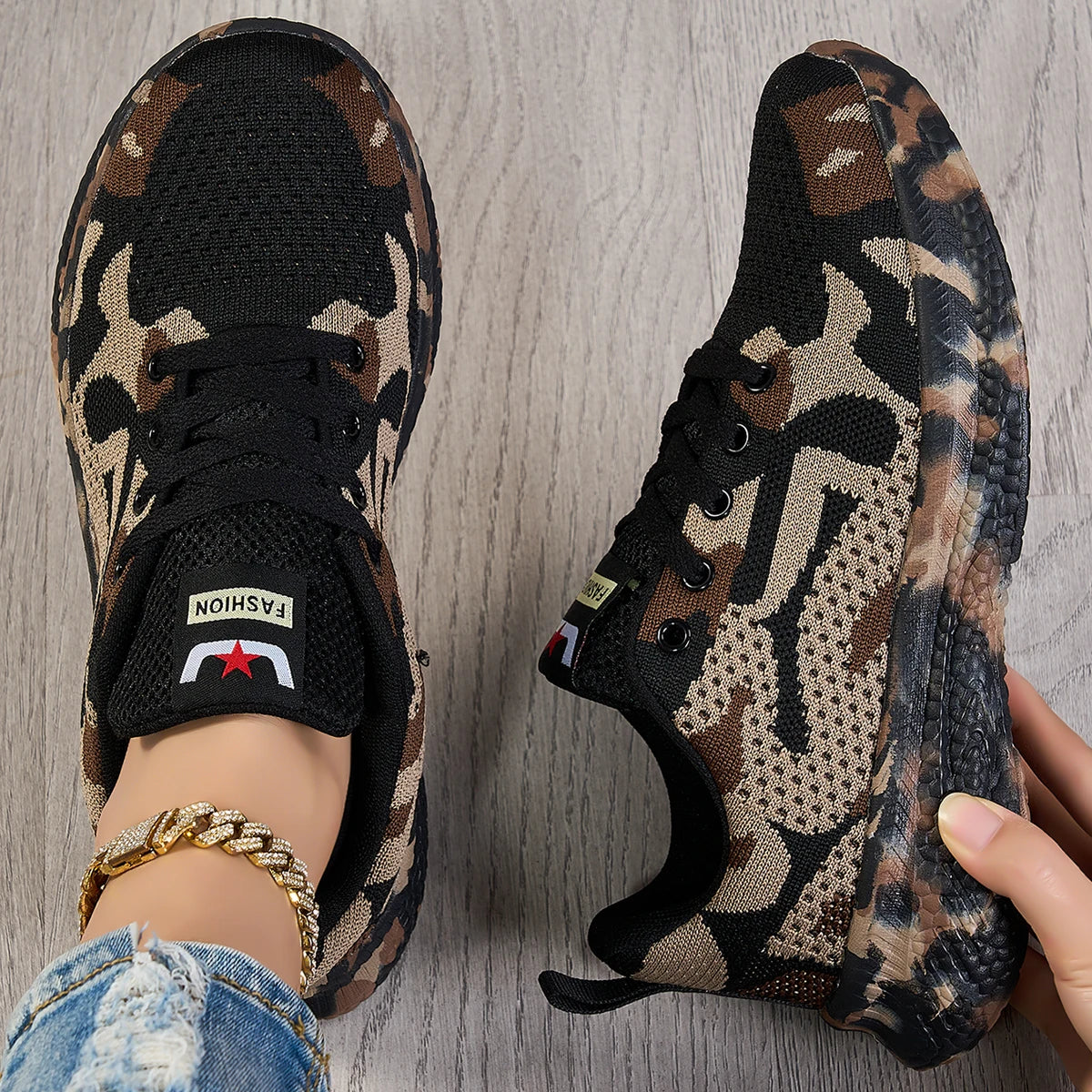 Women Camo Print Flying Knit Sneakers Breathable Mesh Lightweight Lace Up Shoes