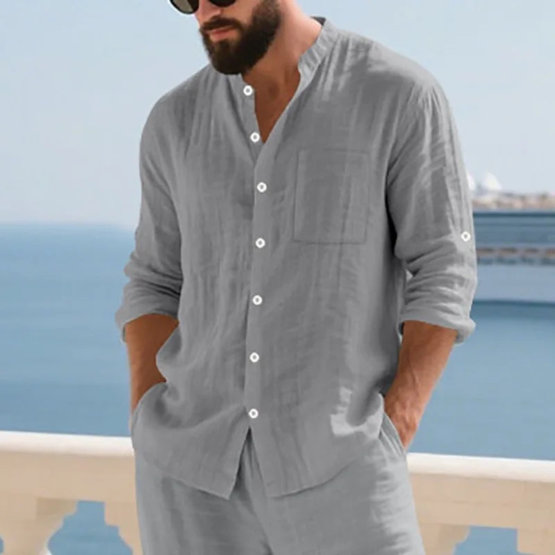 Men Linen Button Down Shirt With Mandarin Collar Chest Pocket Breathable