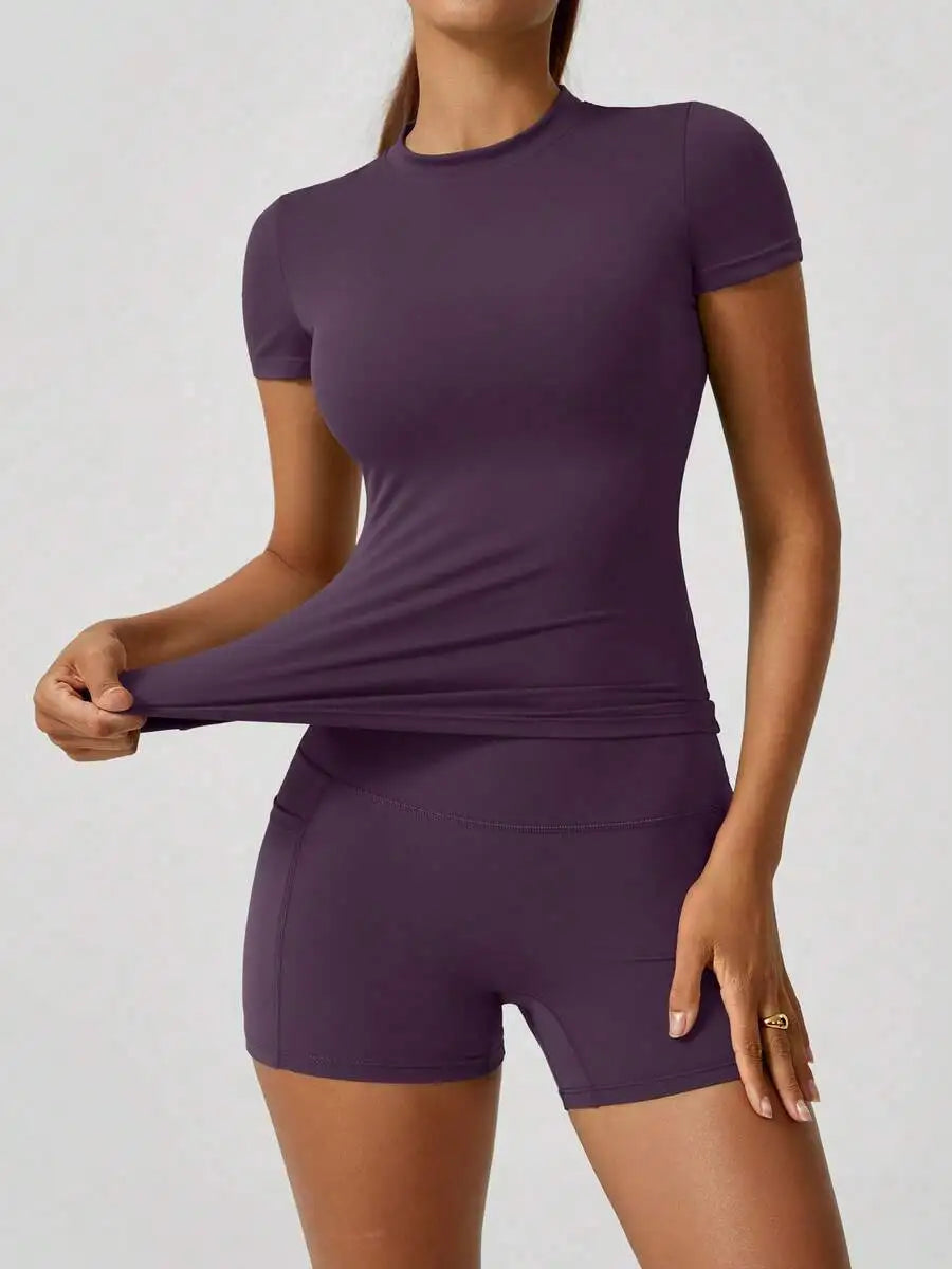 Womens Sports Short Sleeve High Waist Tummy Control Butt Lifting Shorts Set