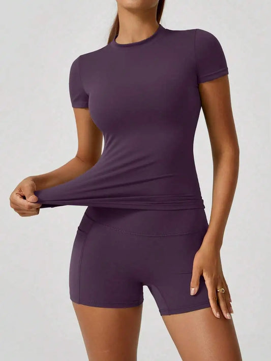 Womens Sports Short Sleeve High Waist Tummy Control Butt Lifting Shorts Set