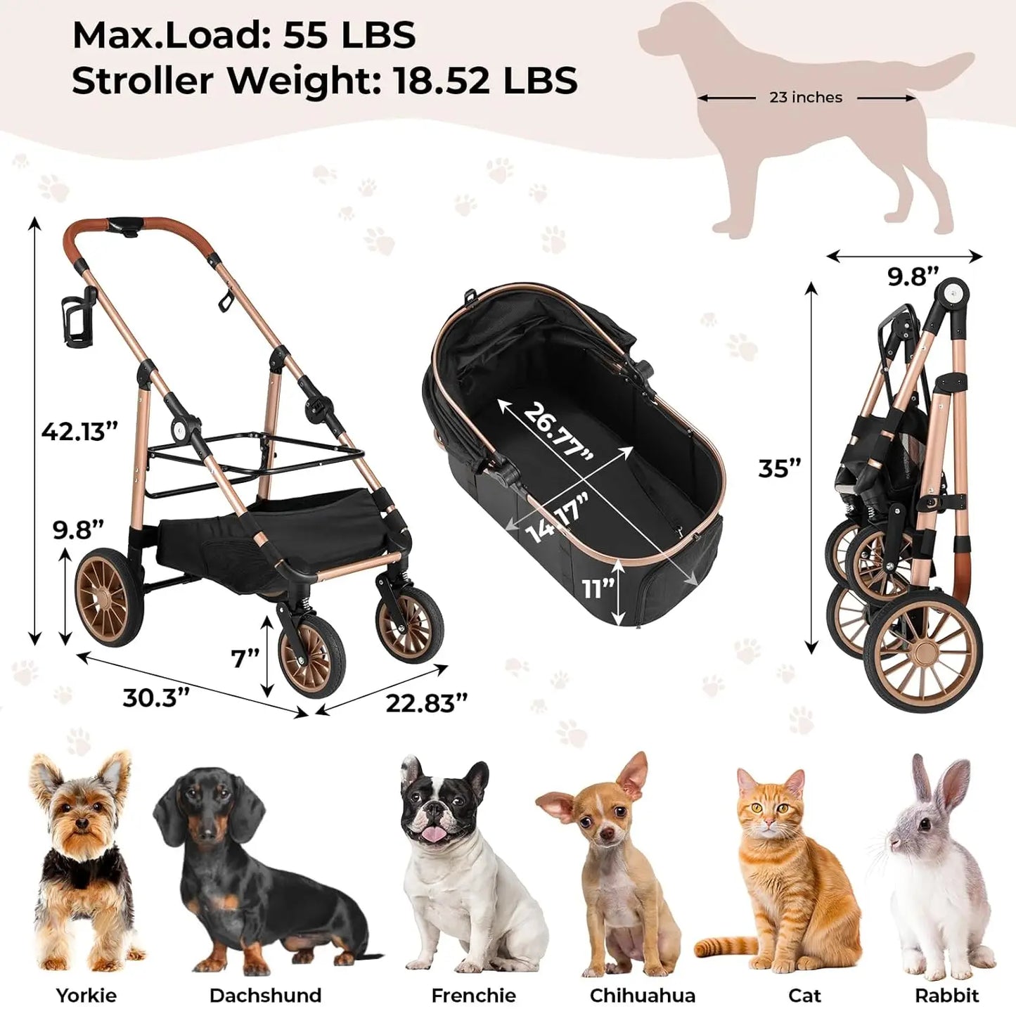 Foldable 360 Degree Cat Pet Stroller And Dog Buggy 25kg Load