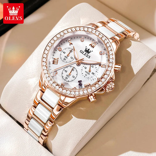 OLEVS Elegant Ceramic Chronograph Womens Watch Waterproof Dress