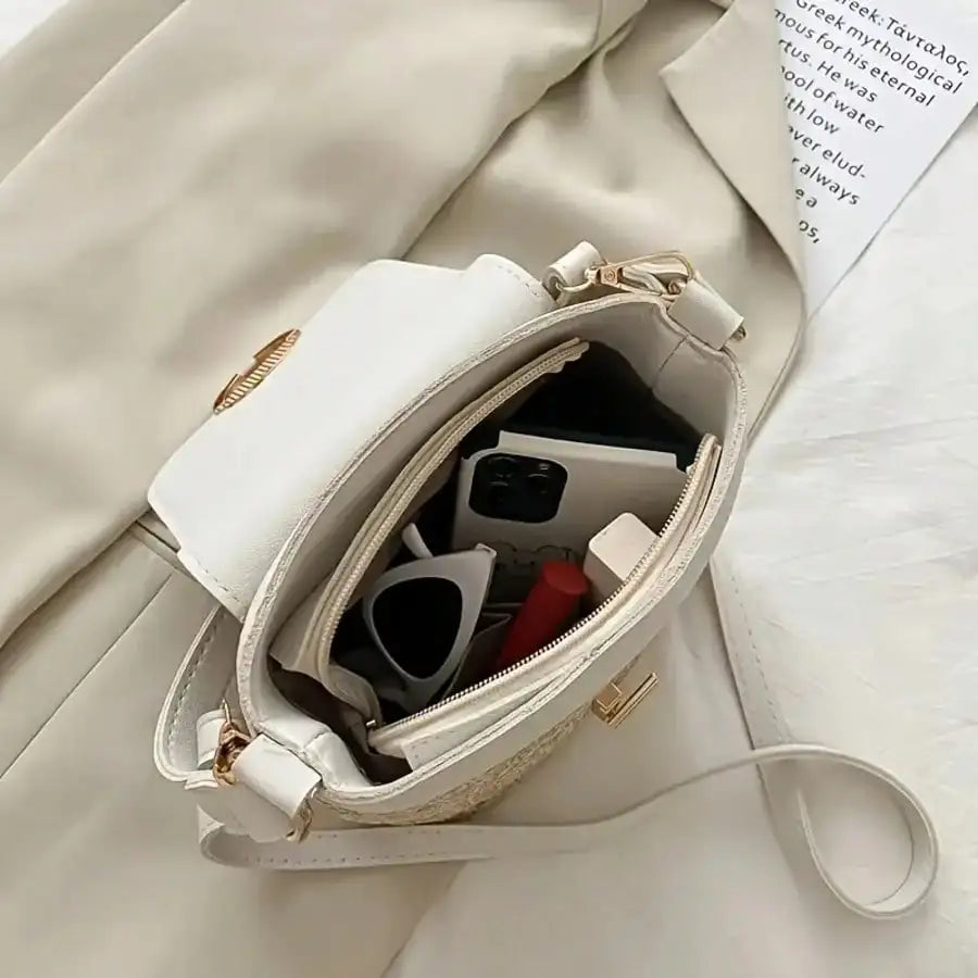 Woven Beach Crossbody Bag With Adjustable Strap And Golden Lock