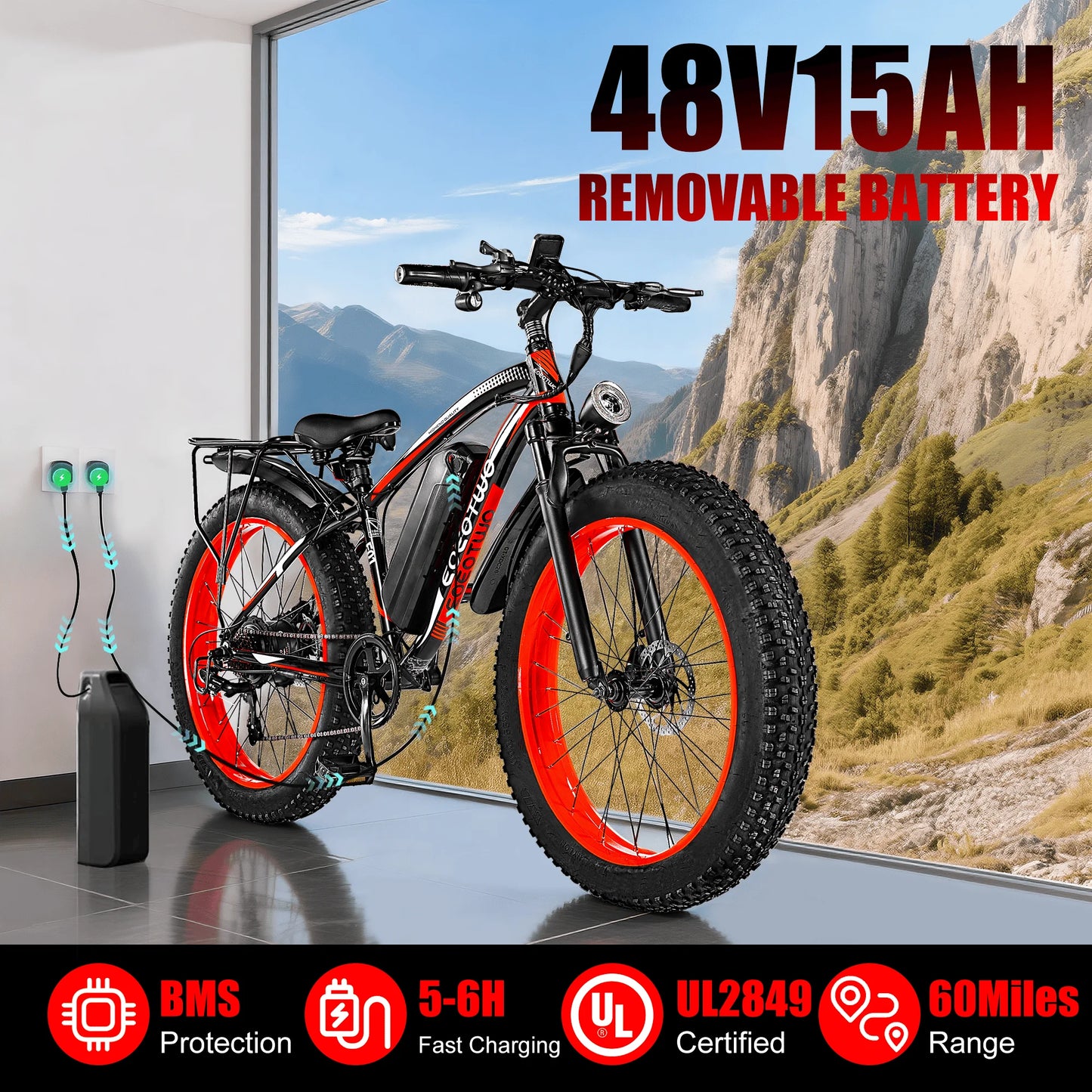 EOEOTWO Fat Tire Electric Bike 1000W Motor 34 MPH 60MileRange