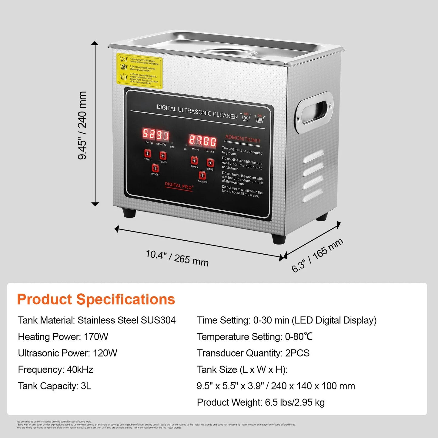 Succebuy Ultrasonic Cleaner 33-40kHz 800W Stainless Steel Home Appliance