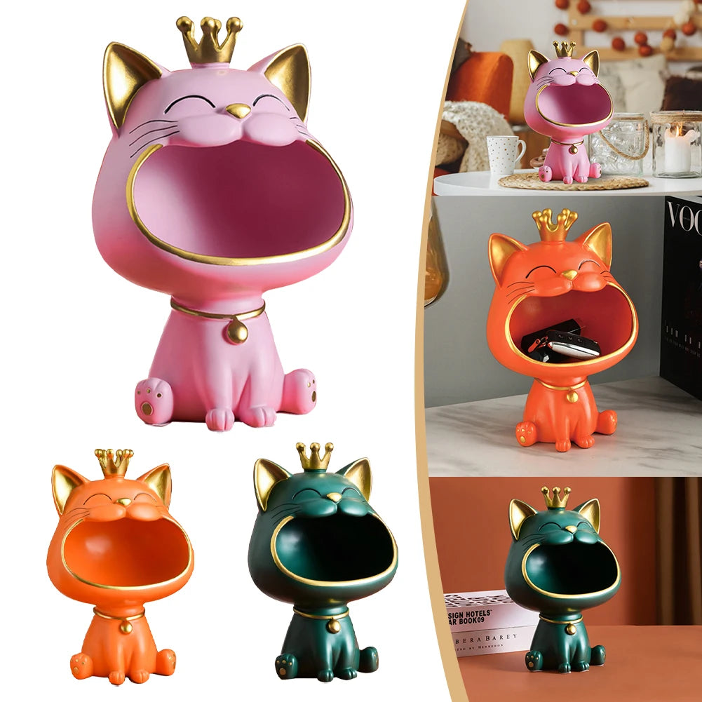 Resin Laughing Cat Statue Lucky Cat Desk Decoration Storage Box