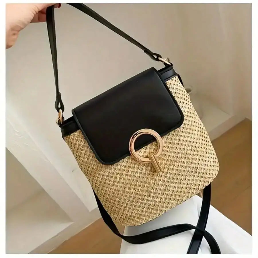 Woven Beach Crossbody Bag With Adjustable Strap And Golden Lock