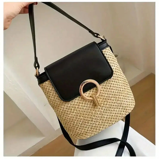 Woven Beach Crossbody Bag With Adjustable Strap And Golden Lock