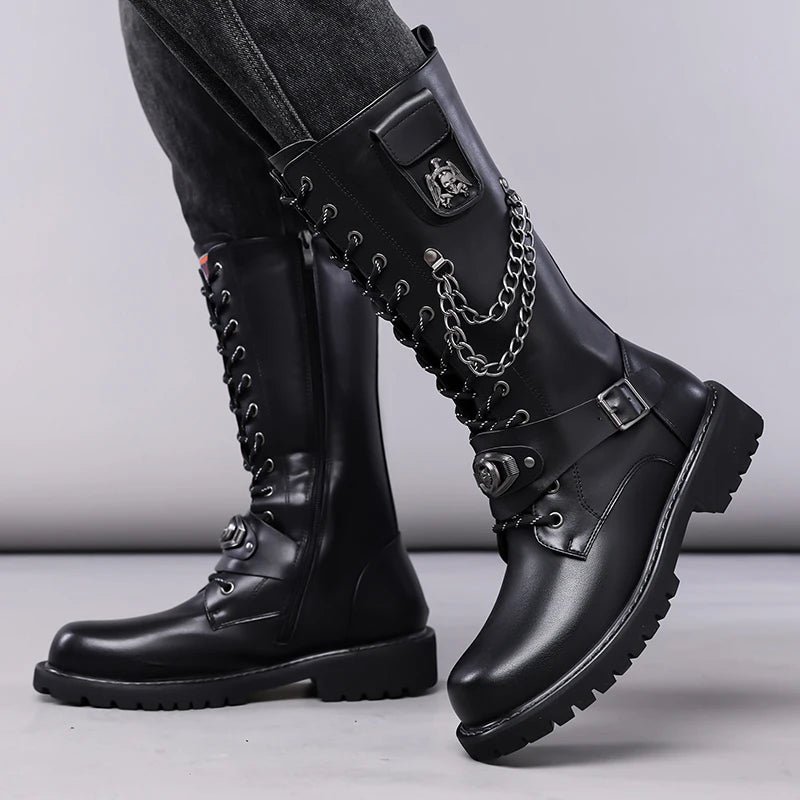 Yuyin Men's Mid Calf Motorcycle Boots Gothic Punk Design