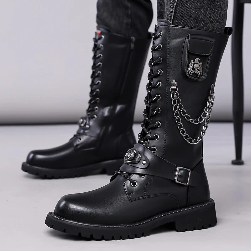 Yuyin Men's Mid Calf Motorcycle Boots Gothic Punk Design
