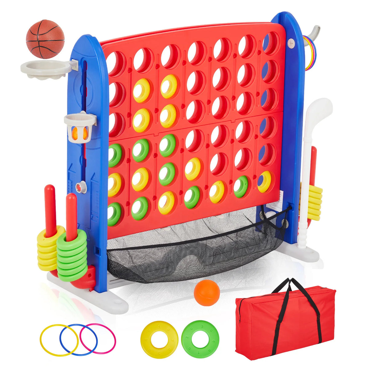 4-In-1 Giant Connect Adjustable Height Outdoor Basketball Hoop Ring Toss Family Game Set
