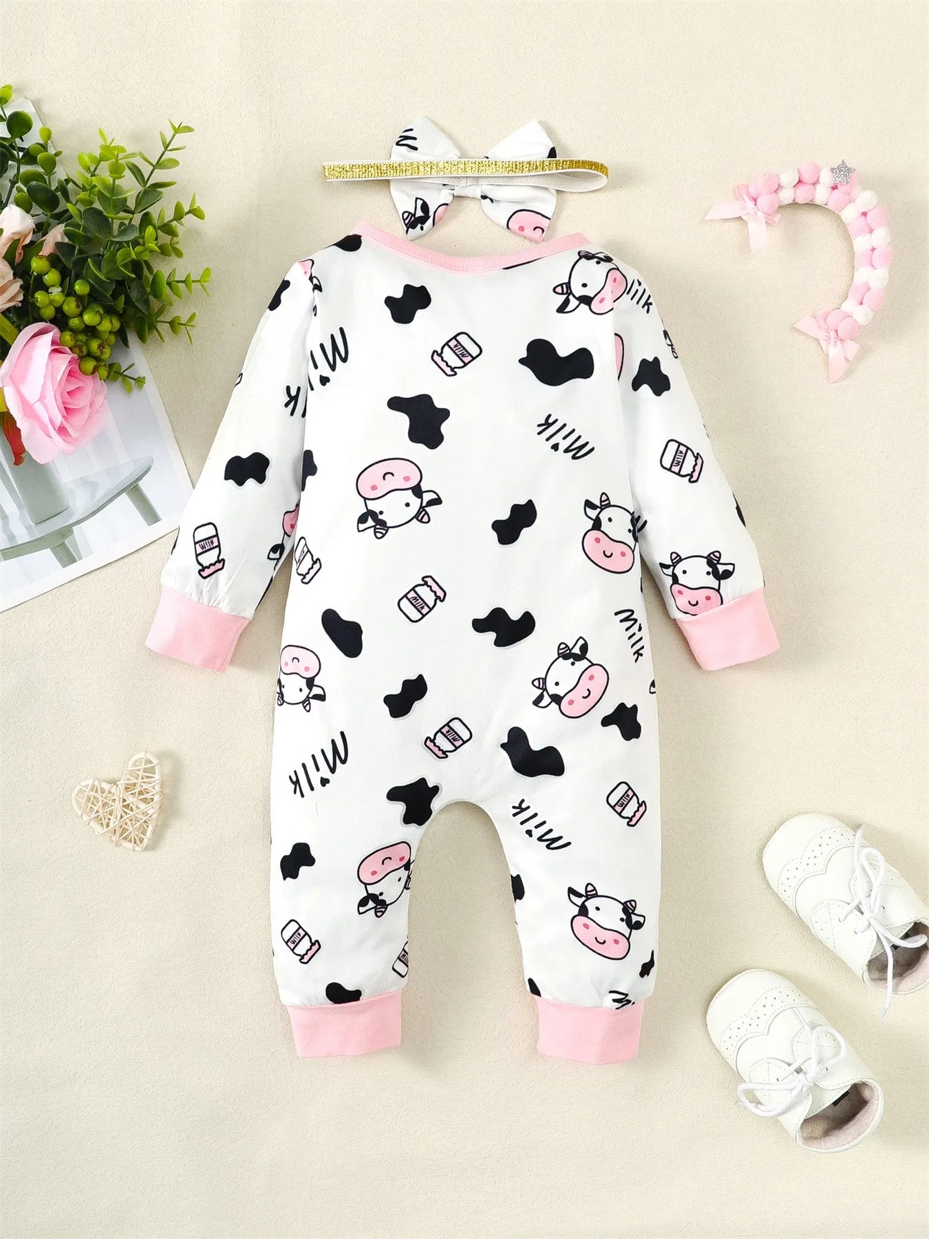 Mioglrie Baby Girl Romper Set Cow Print Jumpsuit Headband