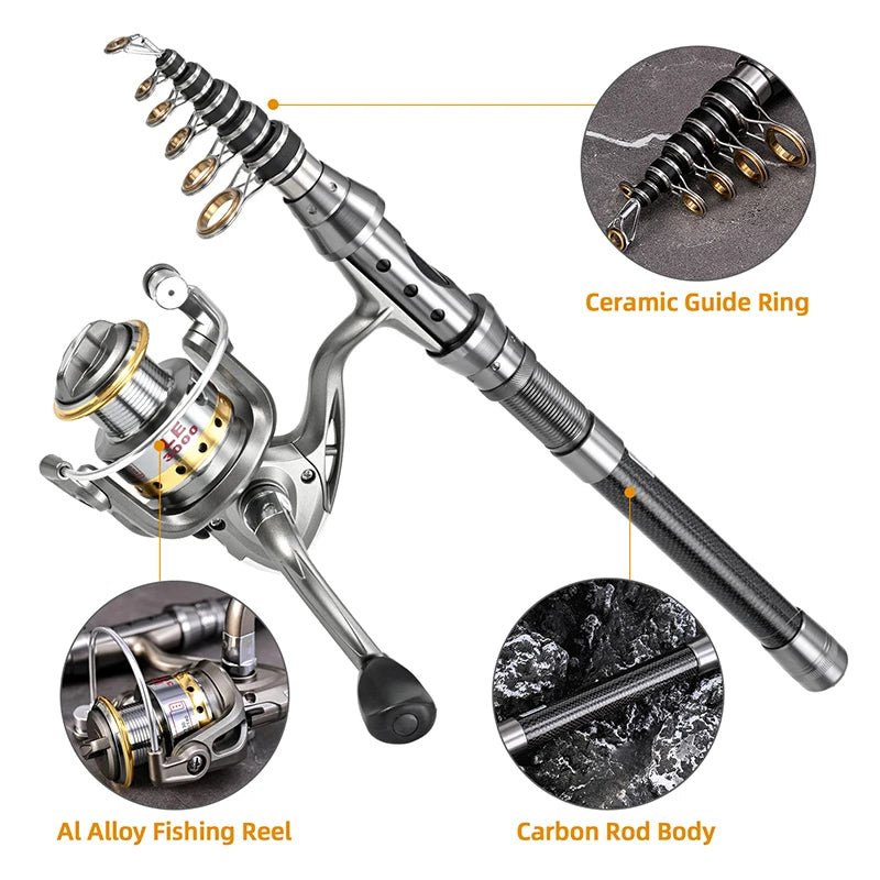 Carbon Fiber Telescopic Fishing Rod And Reel Combo Kit