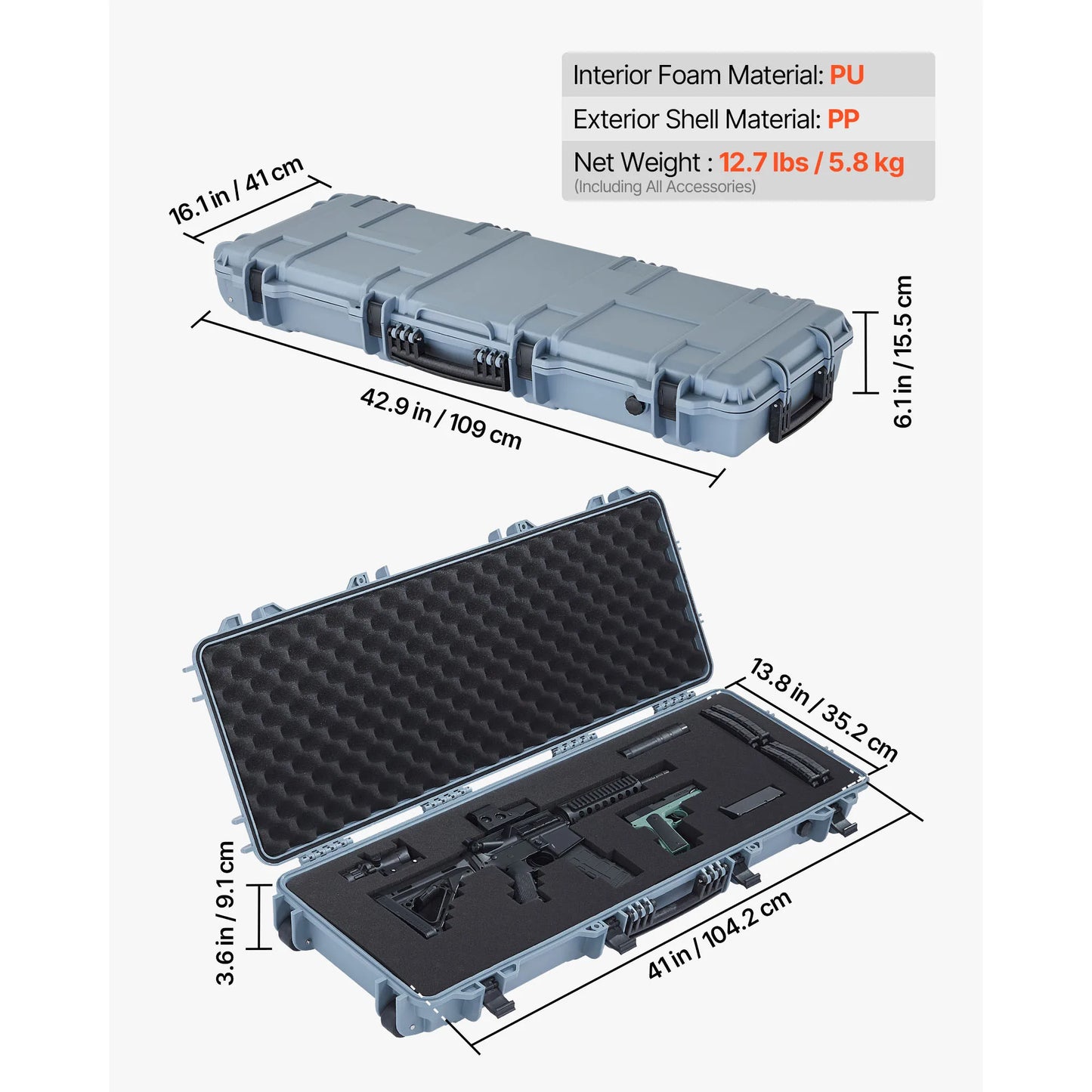SucceBuy Lockable Hard Rifle Case With Pre-Cut Foams And Wheels IP67 Waterproof