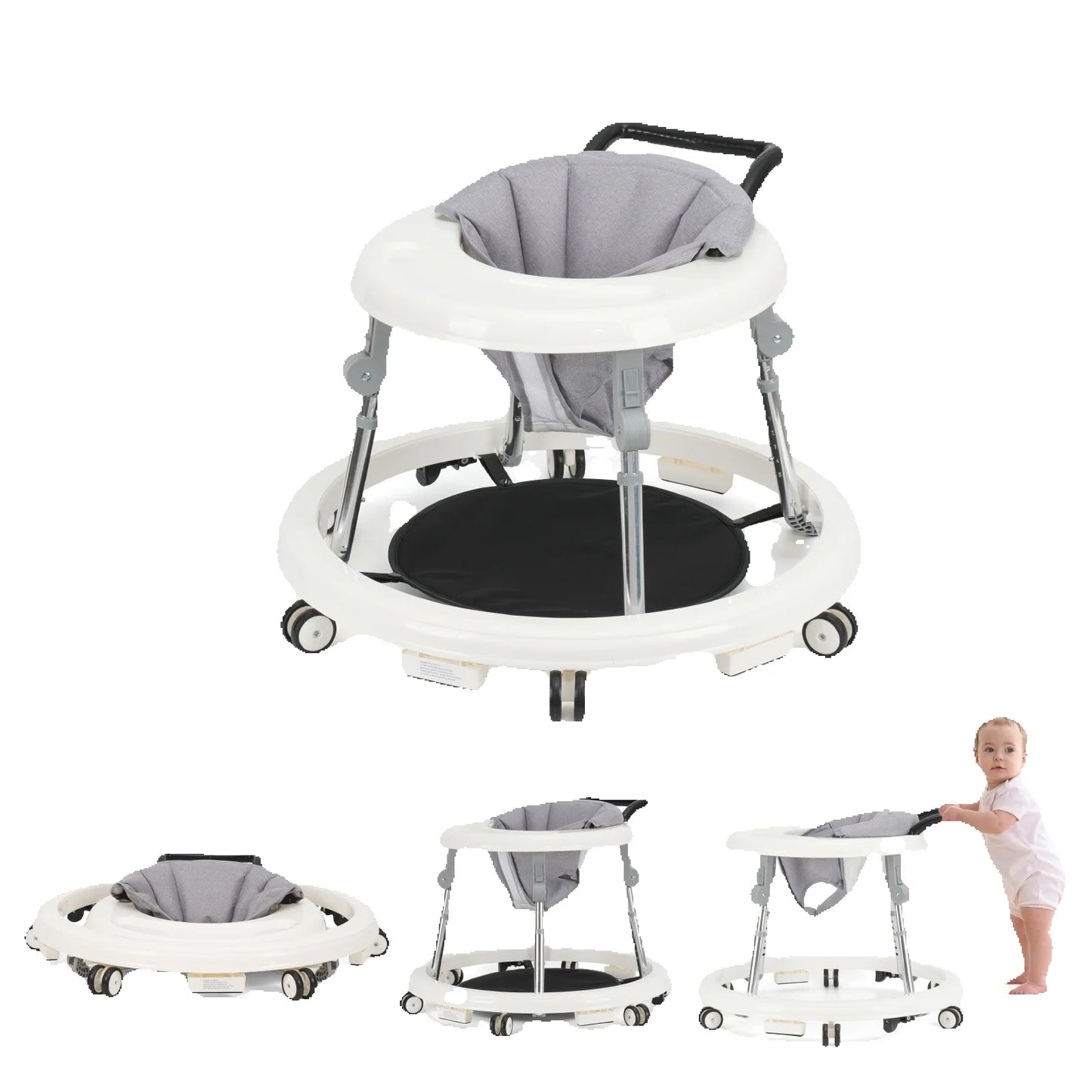 Baby Walker With Adjustable Height Foldable Design Wheels Tray