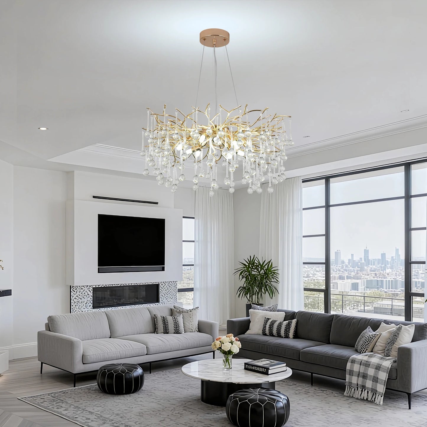GreeLustr Modern Luxury Gold Crystal Tree Branch Ceiling Chandelier