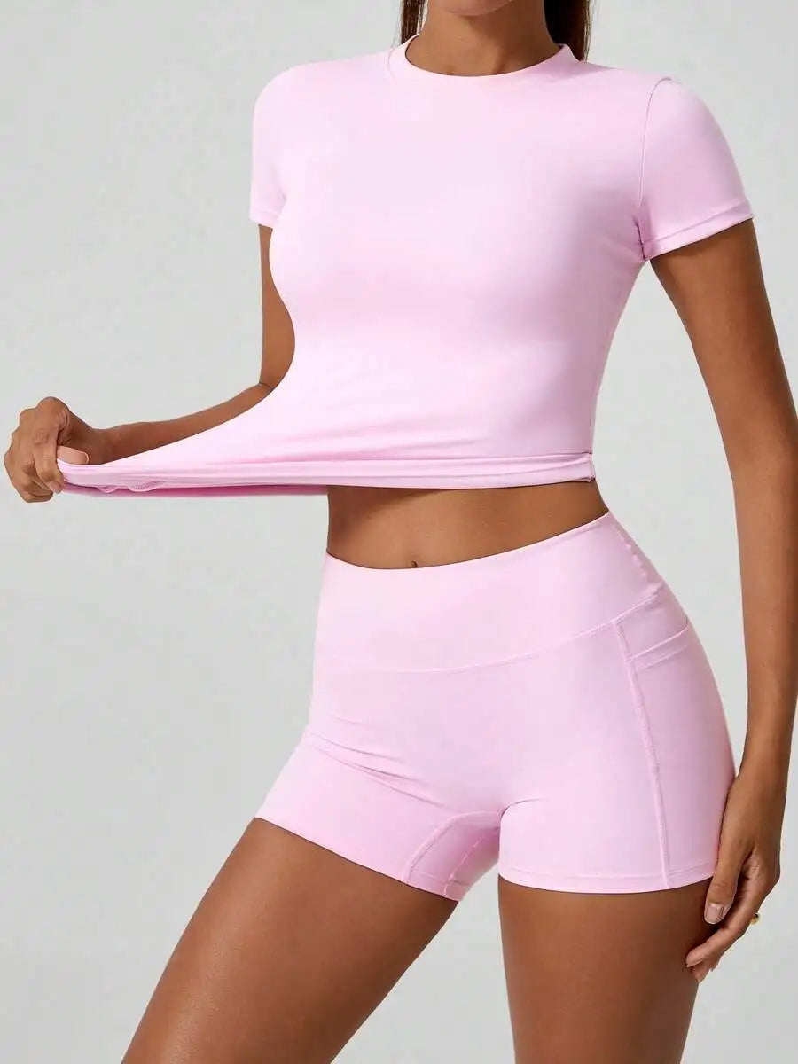 Womens Sports Short Sleeve High Waist Tummy Control Butt Lifting Shorts Set