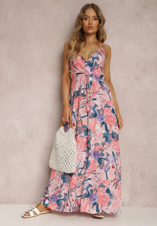 Women Floral Print V Neck Spaghetti Strap Maxi Dress