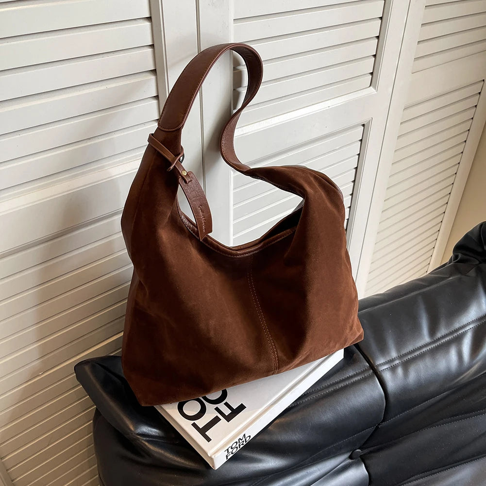Women Suede Tote Bag Magnetic Closure Slouchy Retro Shoulder Bag