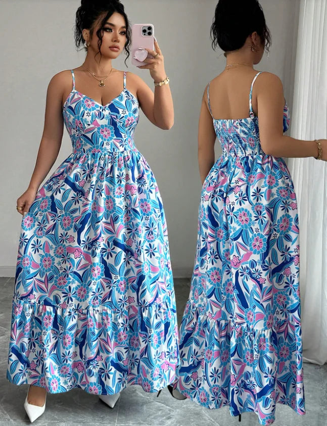 Elegant Floral Camisole Dress Womens Loose Fit Long Style