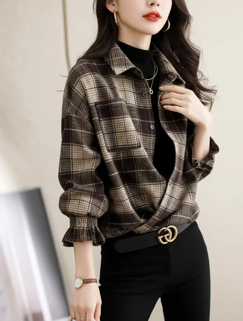 Women Plaid Polyester Lapel Button Front Loose Summer Blouse
