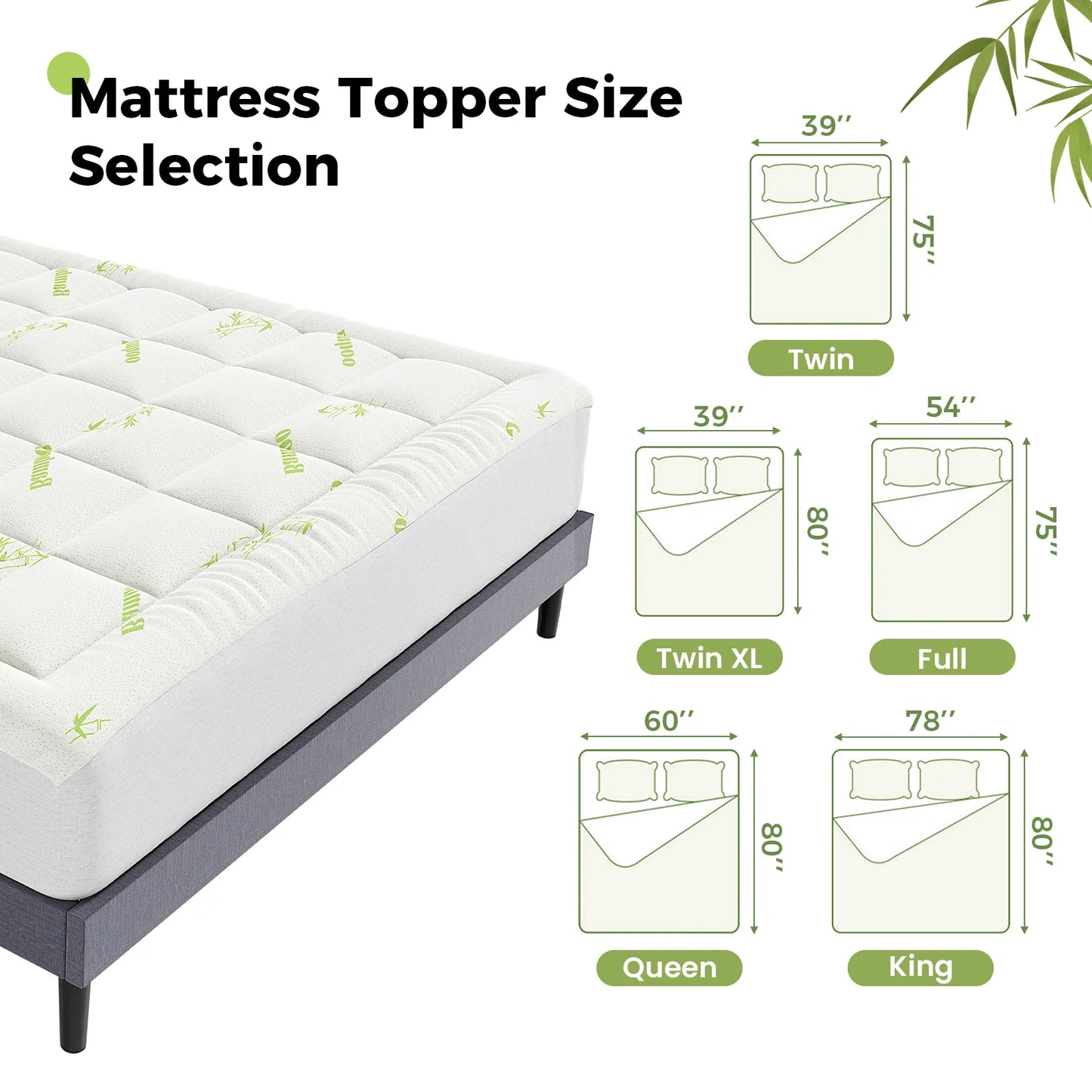 JHK Bamboo Fiber Mattress Topper Deep Pockets for Back Pain Relief