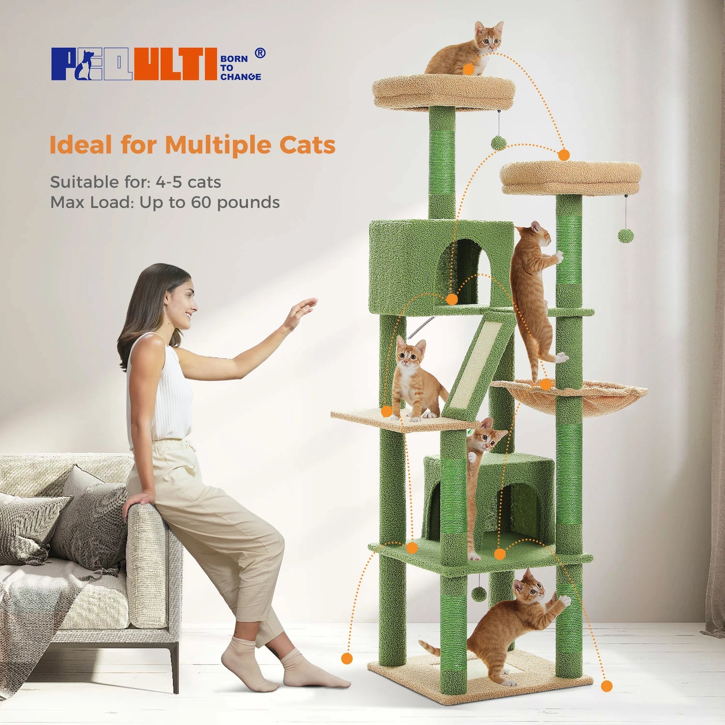 PEQULTI Multi Level Cat Tree Scratching Posts Hammock Cozy Condo