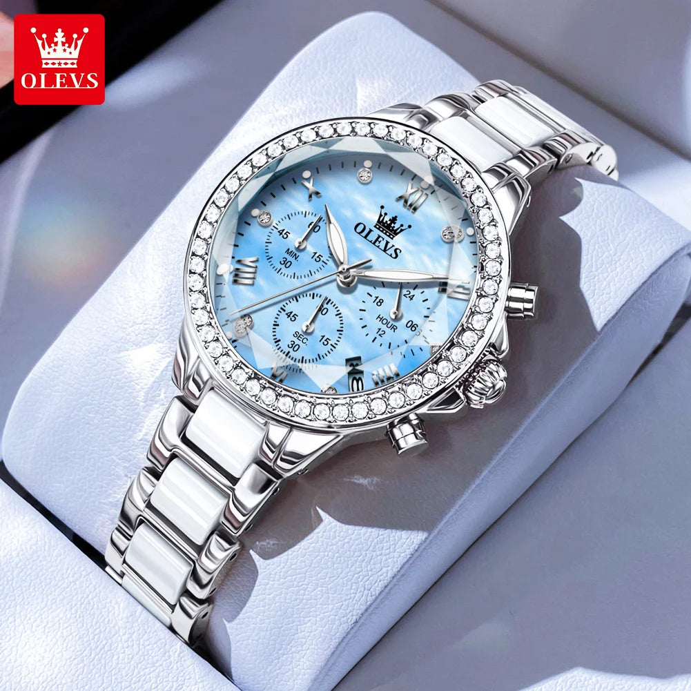 OLEVS Elegant Ceramic Chronograph Womens Watch Waterproof Dress