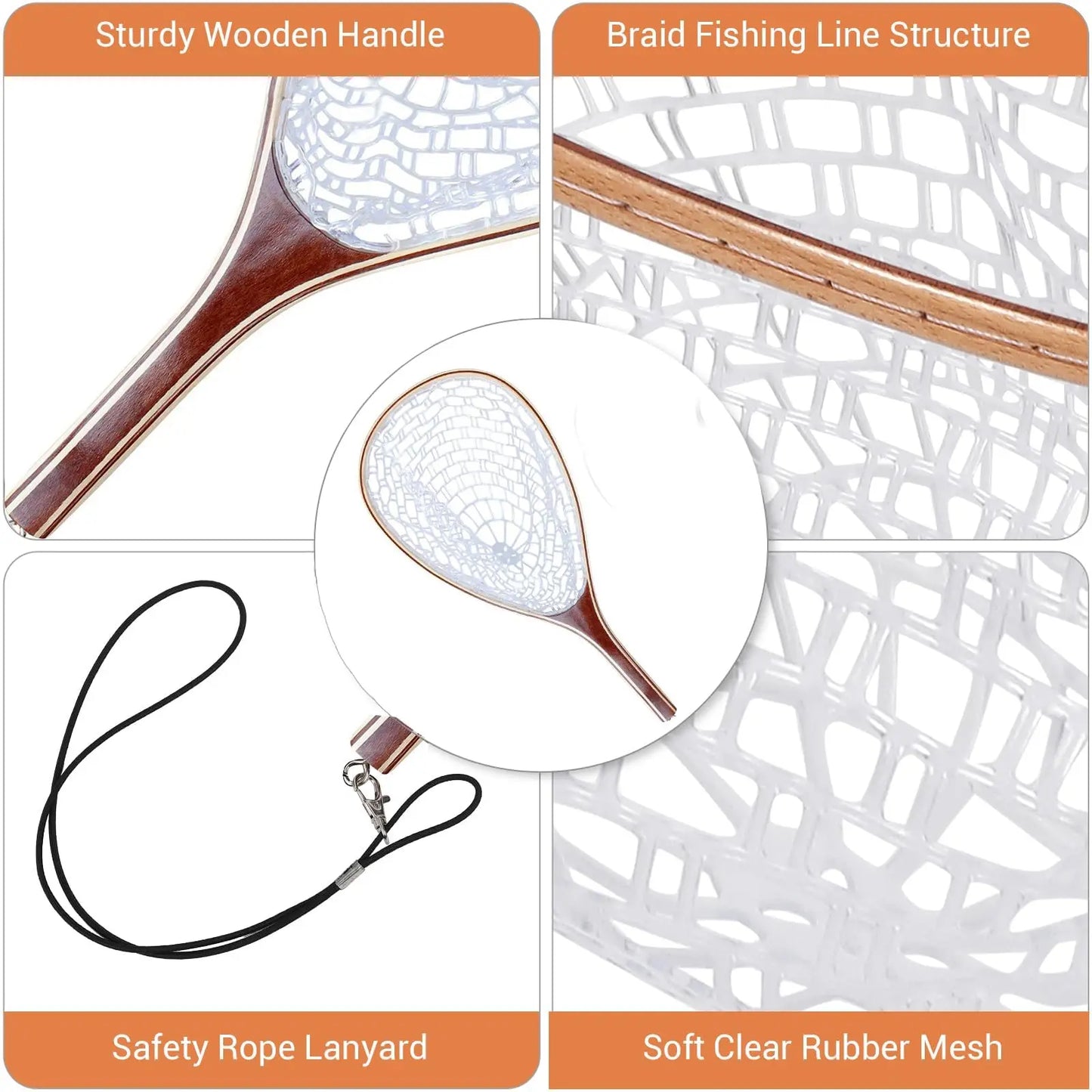 Fly Fishing Landing Net With Soft Knotless Rubber Mesh For Catch And Release
