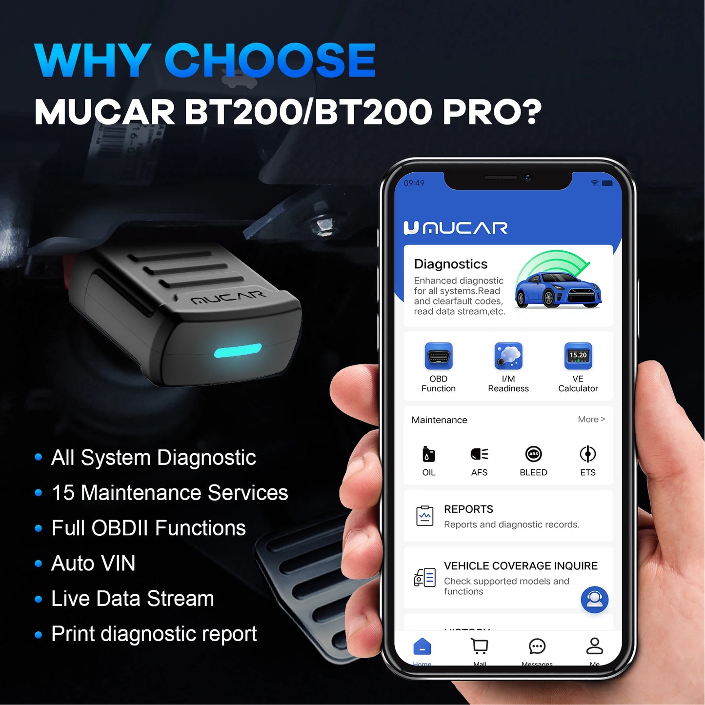 MUCAR BT200 Pro OBD2 Bluetooth Diagnostic Tool Full System Scan For All Cars