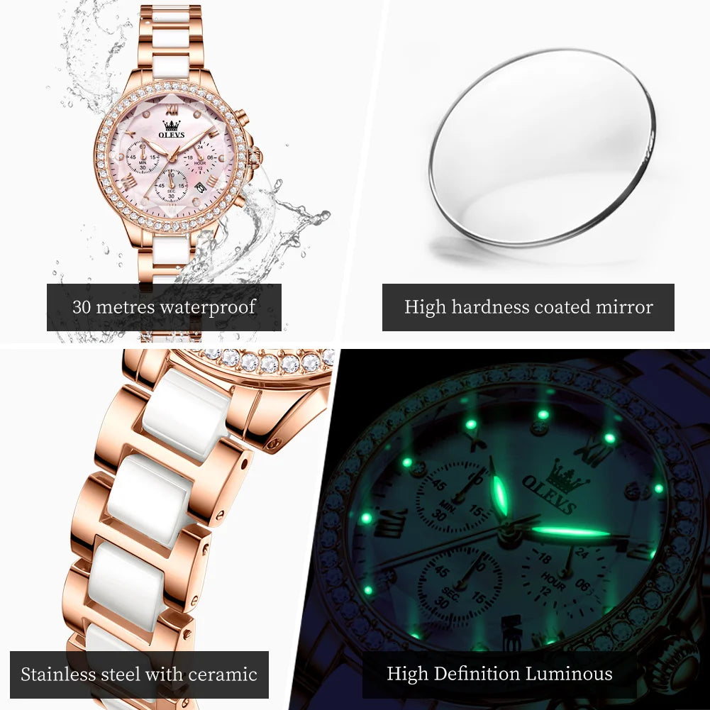 OLEVS Elegant Ceramic Chronograph Womens Watch Waterproof Dress