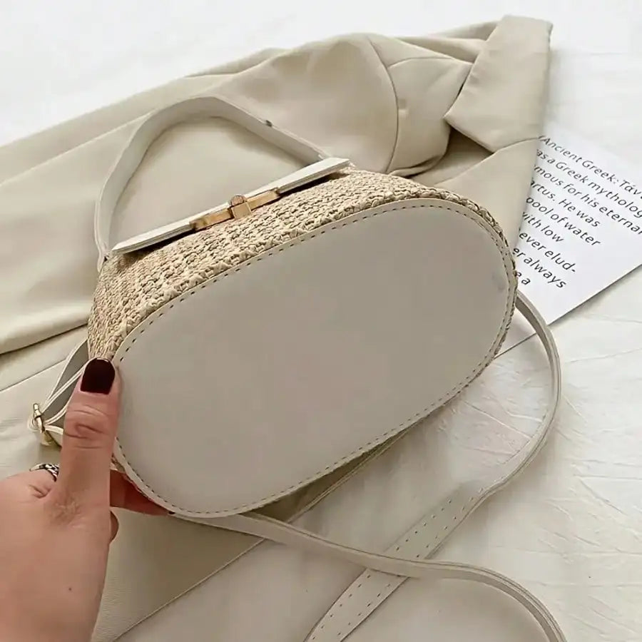Woven Beach Crossbody Bag With Adjustable Strap And Golden Lock