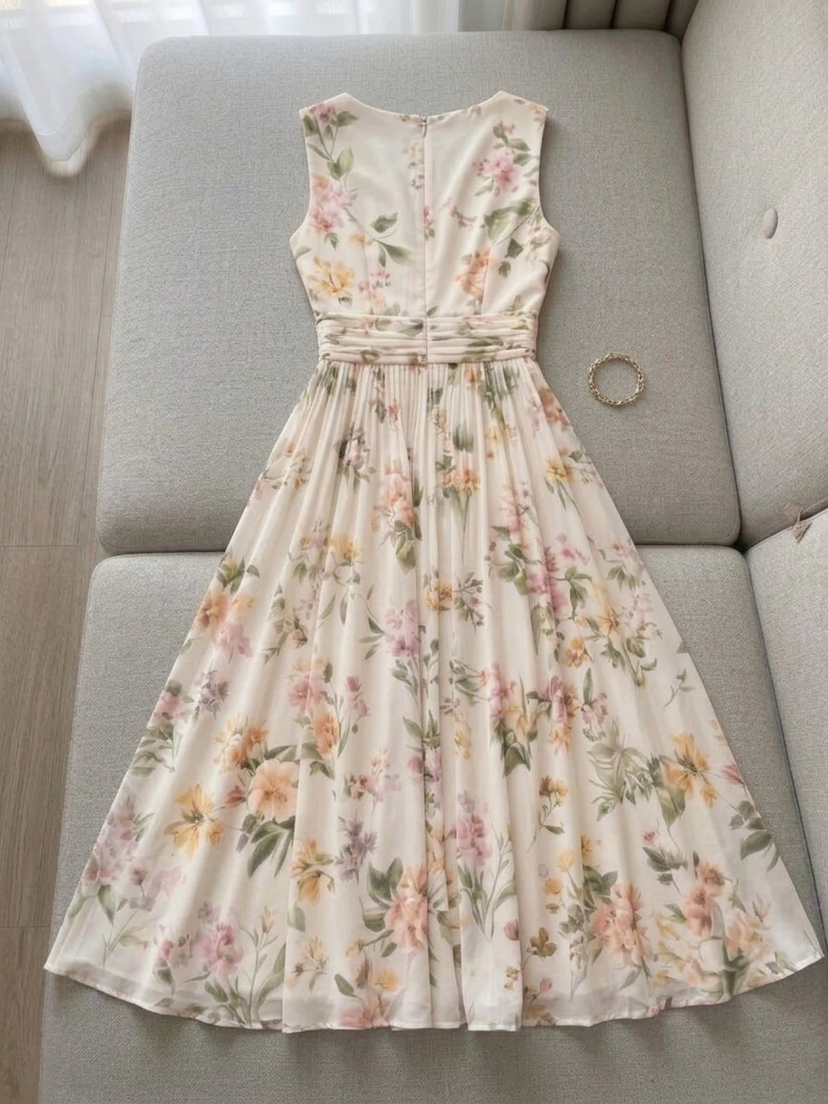 Women Floral Print Wrap Midi Dress V Neck Polyester Swing