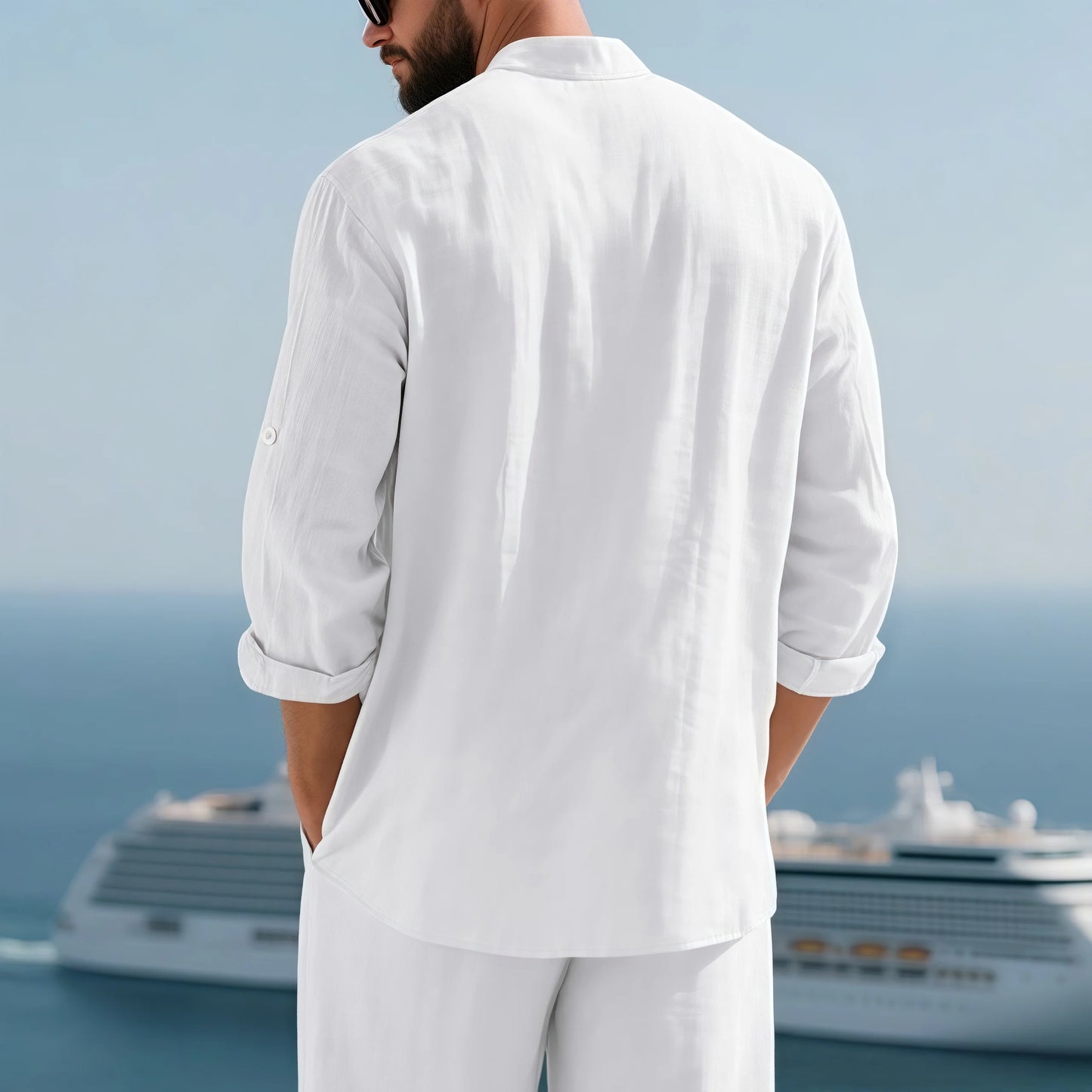 Men Linen Button Down Shirt With Mandarin Collar Chest Pocket Breathable