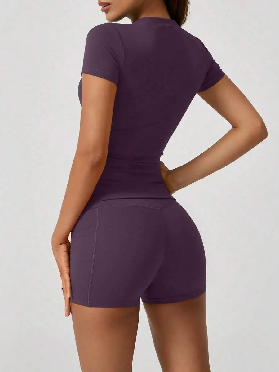 Womens Sports Short Sleeve High Waist Tummy Control Butt Lifting Shorts Set