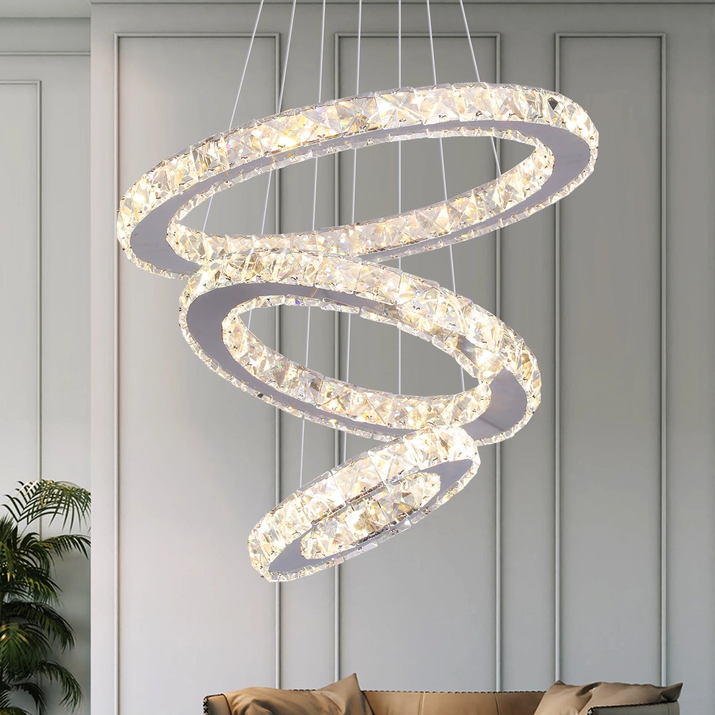 GreeLustr Modern LED Pendant Light Crystal Rings Dimmable Chandelier