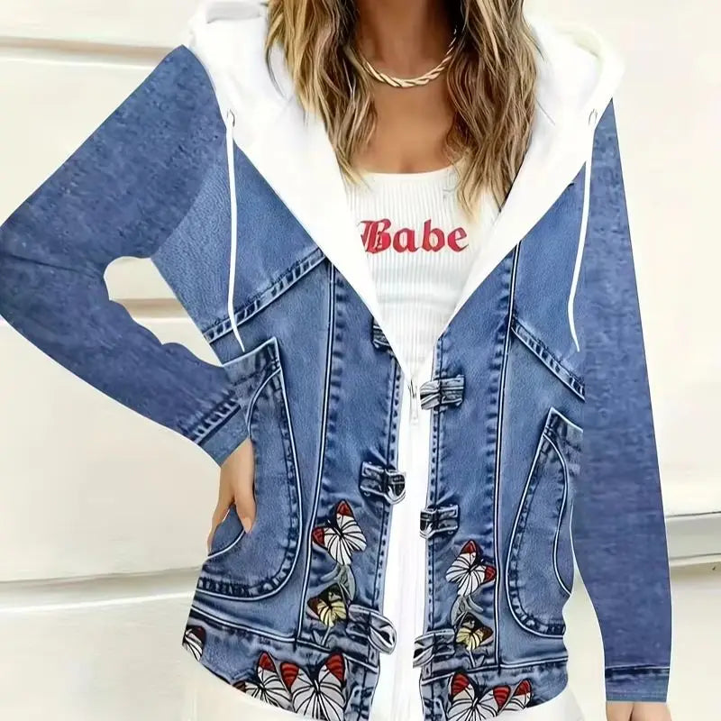 Plus Size Faux Denim Hooded Jacket With Butterfly Embroidery